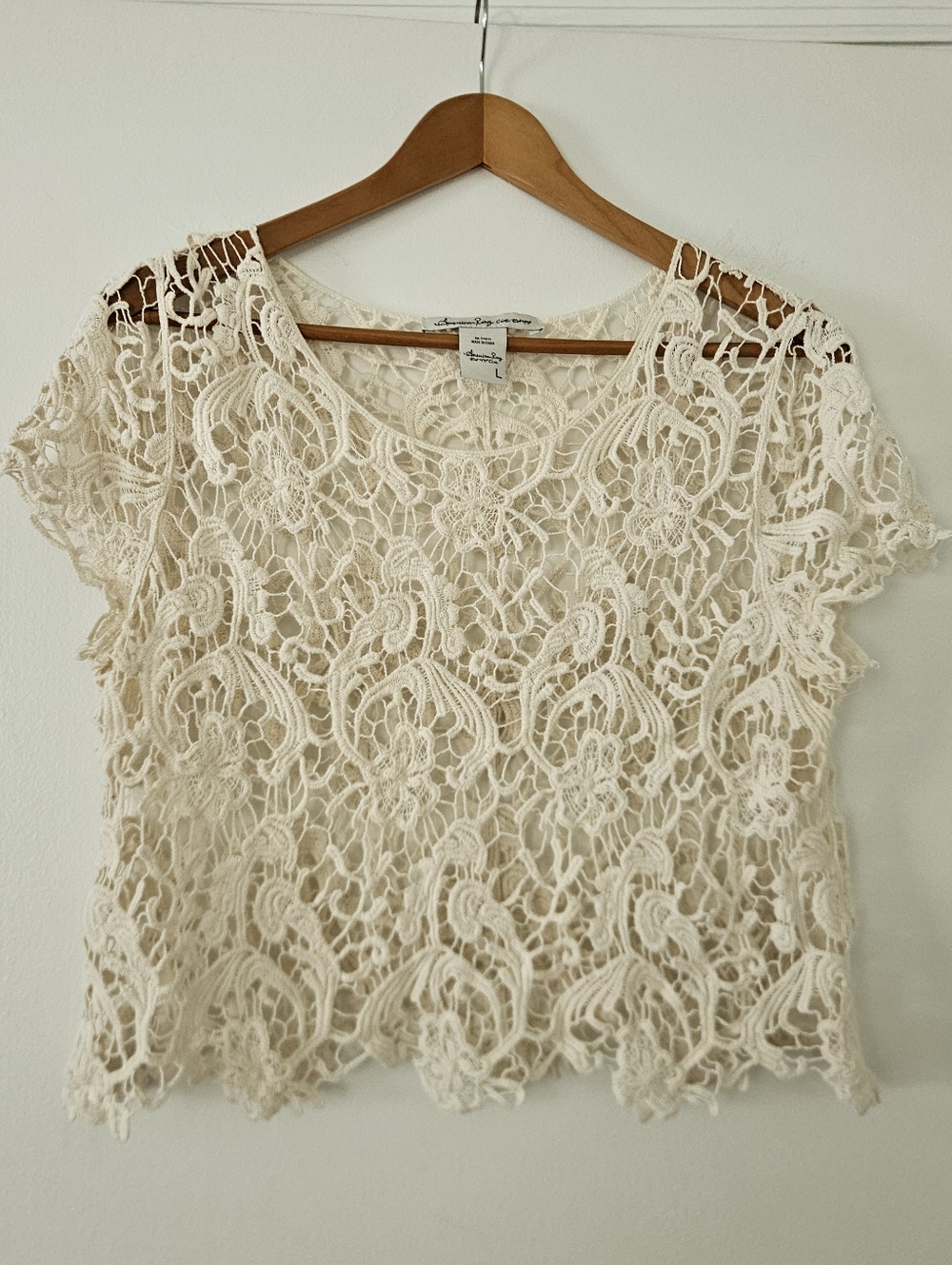 Womens Crochet Shirt L Sheer Cottage Coastal Boho Ivory Country Layering Crop